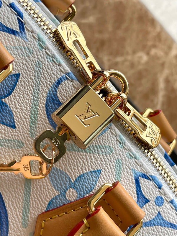 SPEEDY BANDOULIÈRE 20 IN TELA CON PIASTRELLE MONOGRAM BLU LAGUNA E FIBBIA ORO