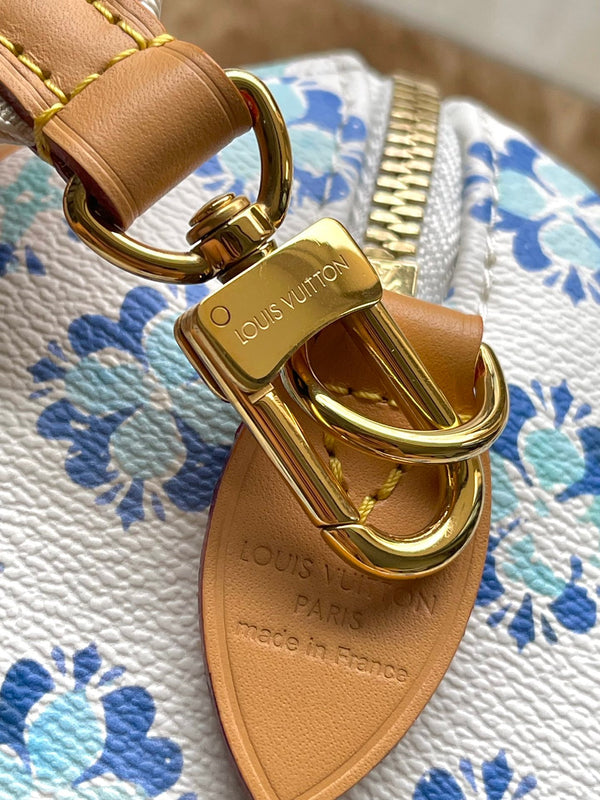 SPEEDY BANDOULIÈRE 20 IN TELA CON PIASTRELLE MONOGRAM BLU LAGUNA E FIBBIA ORO