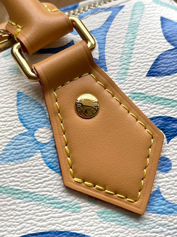 SPEEDY BANDOULIÈRE 20 IN TELA CON PIASTRELLE MONOGRAM BLU LAGUNA E FIBBIA ORO