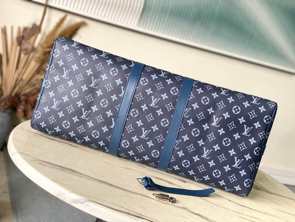 KEEPALL BANDOULIÈRE 55 IN TELA CON MONOGRAMMA SFUMATO VERDE NAVY