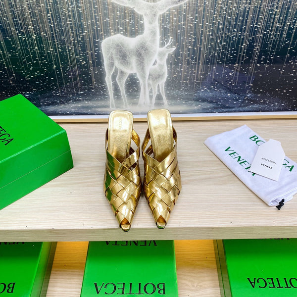 BV Alfie Leather High Mules Gold Woven Calfskin