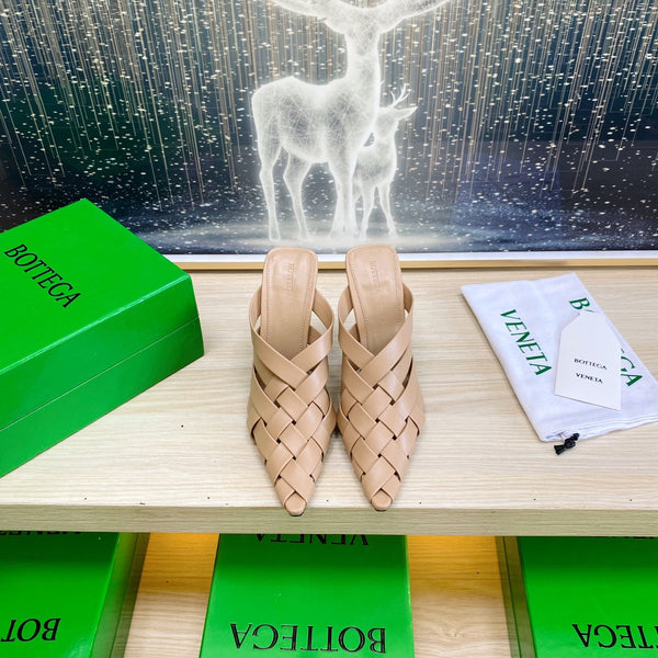 BV Alfie Leather High Mules Camel Beige Woven Calfskin