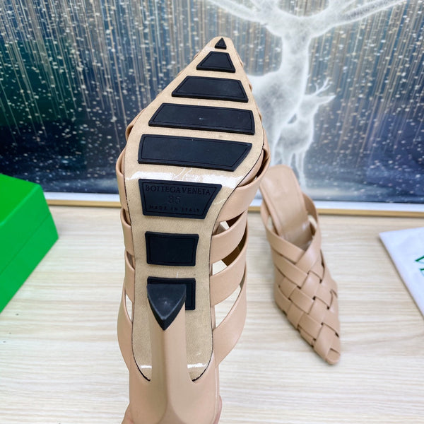 BV Alfie Leather High Mules Camel Beige Woven Calfskin