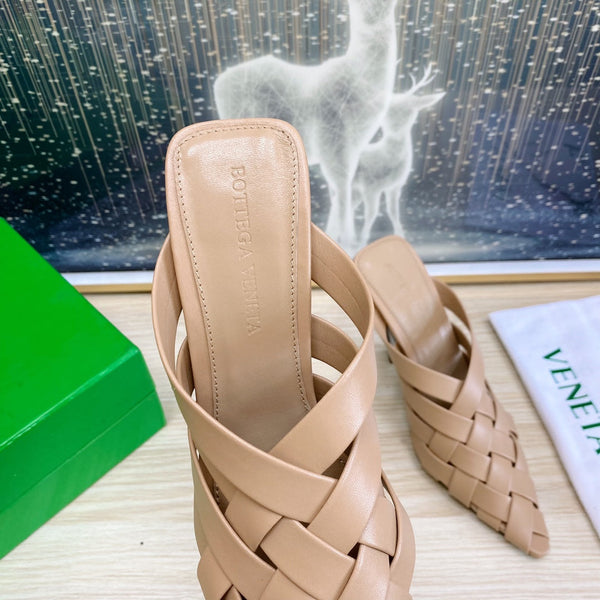 BV Alfie Leather High Mules Camel Beige Woven Calfskin