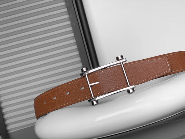 CINTURINO REVERSIBILE IN PELLE MARRONE NERO E BRONZO HM 32 MM FERRAMENTA ARGENTO