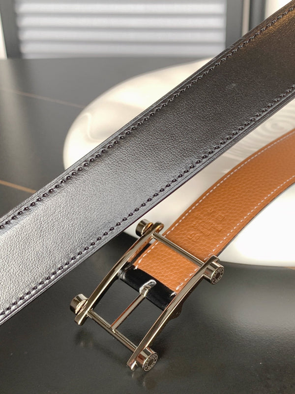 CINTURINO REVERSIBILE IN PELLE MARRONE NERO E BRONZO HM 32 MM FERRAMENTA ARGENTO