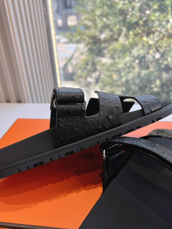 HM Chypre Sandal Black Ostrich Leather 202800