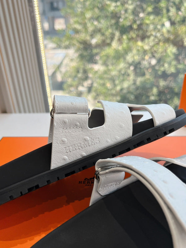 HM Chypre Sandal White Ostrich Leather 202801