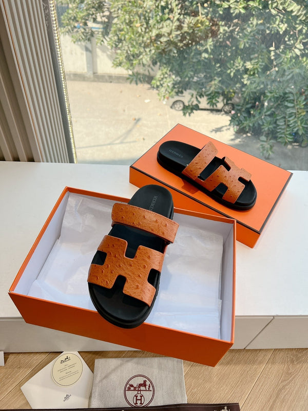 HM Chypre Sandal Brownie Brown Ostrich Leather 202802