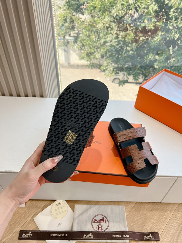 HM Chypre Sandal Walnut Brown Ostrich Leather 202803