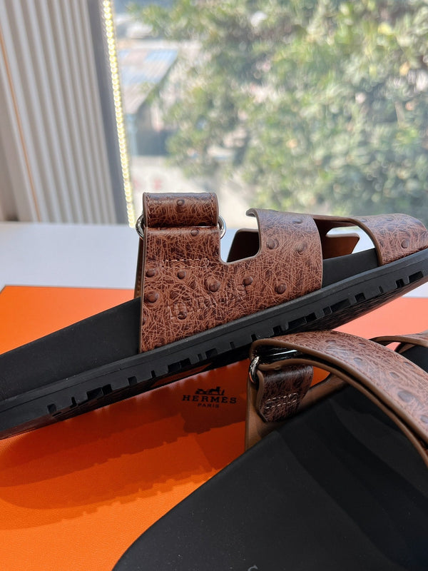 HM Chypre Sandal Walnut Brown Ostrich Leather 202803