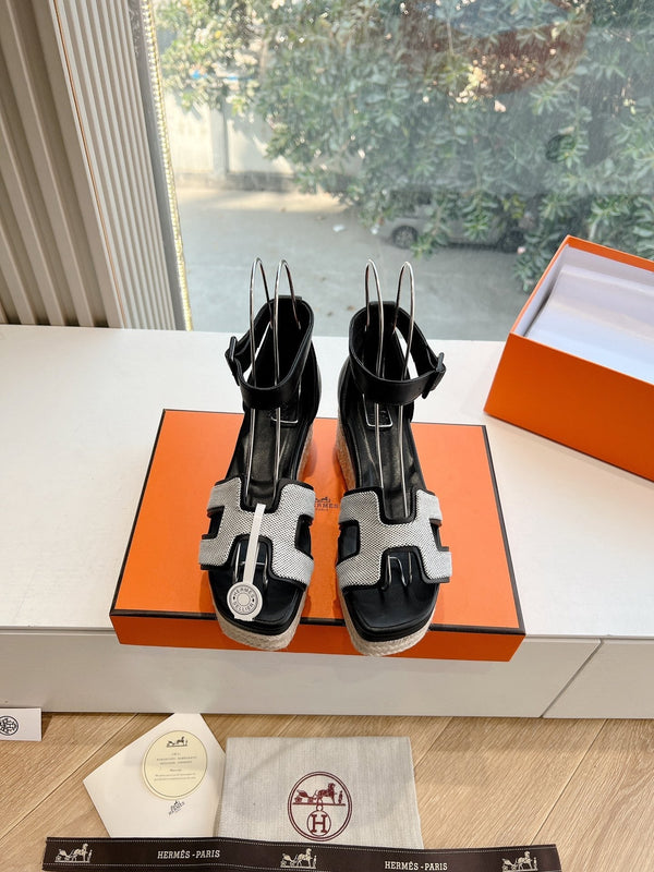 HM 25C Elda espadrille Black Mix White Denim and Goatskin 202832