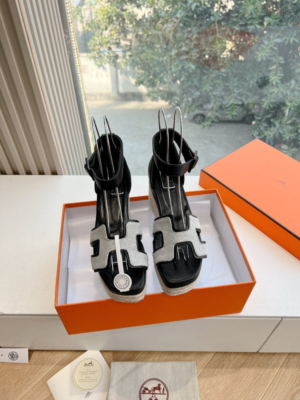 HM 25C Elda espadrille Black Mix White Denim and Goatskin 202832