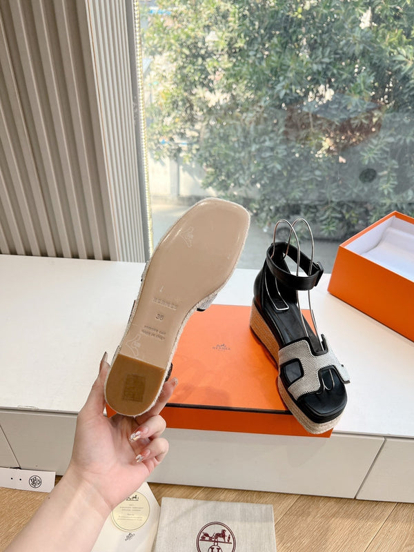 HM 25C Elda espadrille Black Mix White Denim and Goatskin 202832