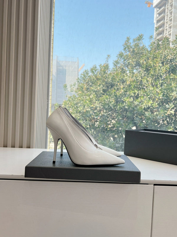 ZIPPER POINTED-TOE HIGH PUMPS IN WHITE WAX-OIL SHEEPSKIN