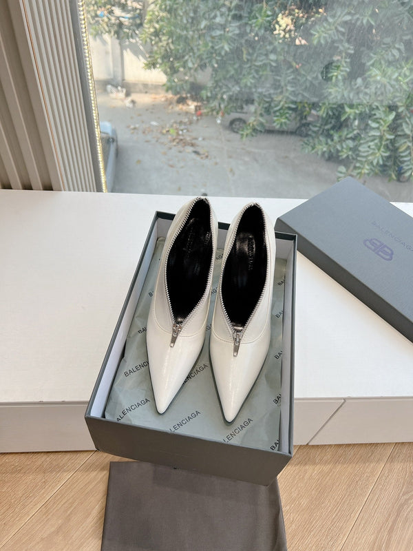 ZIPPER POINTED-TOE HIGH PUMPS IN WHITE WAX-OIL SHEEPSKIN