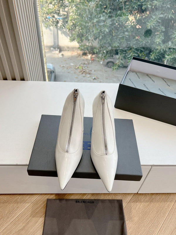 ZIPPER POINTED-TOE HIGH PUMPS IN WHITE WAX-OIL SHEEPSKIN