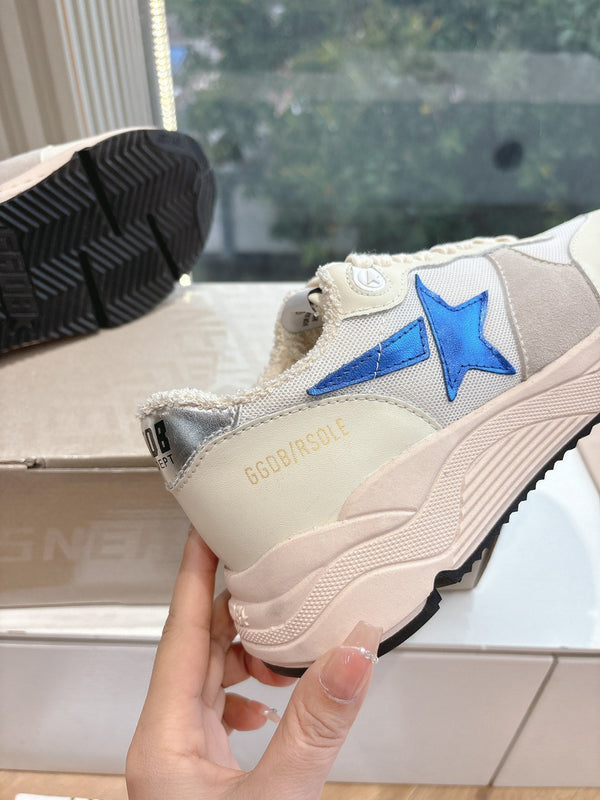 RUNNING SOLE SNEAKERS IN WHITE MESH, BEIGE SUEDE AND CALFSKIN WITH BLUE STAR