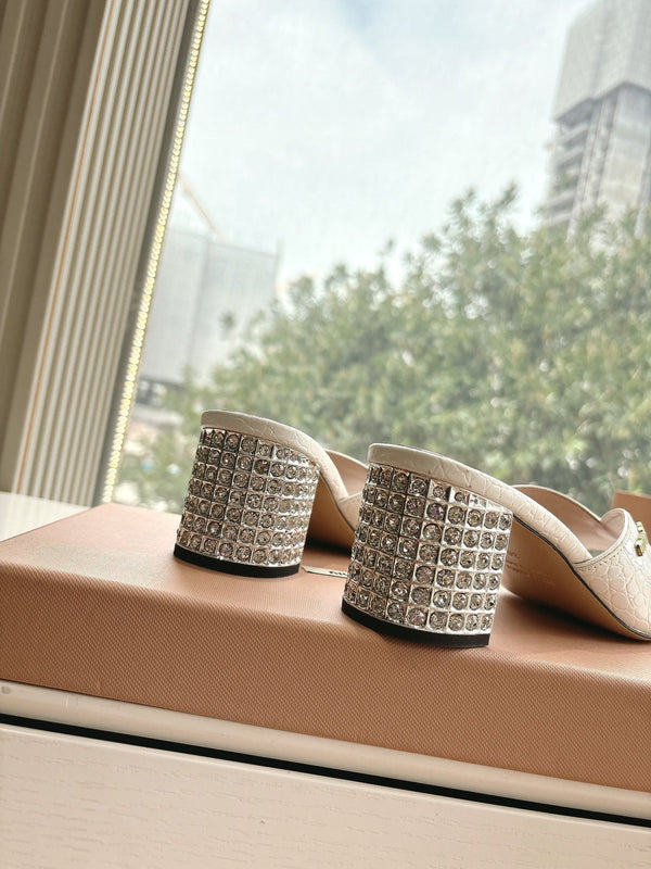 Miu White Croc Embossed Slide Sandals with Embellished Heel 223916