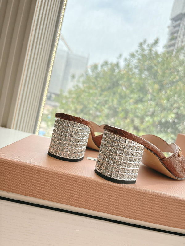 Miu Brown Croc Embossed Slide Sandals with Embellished Heel 223917