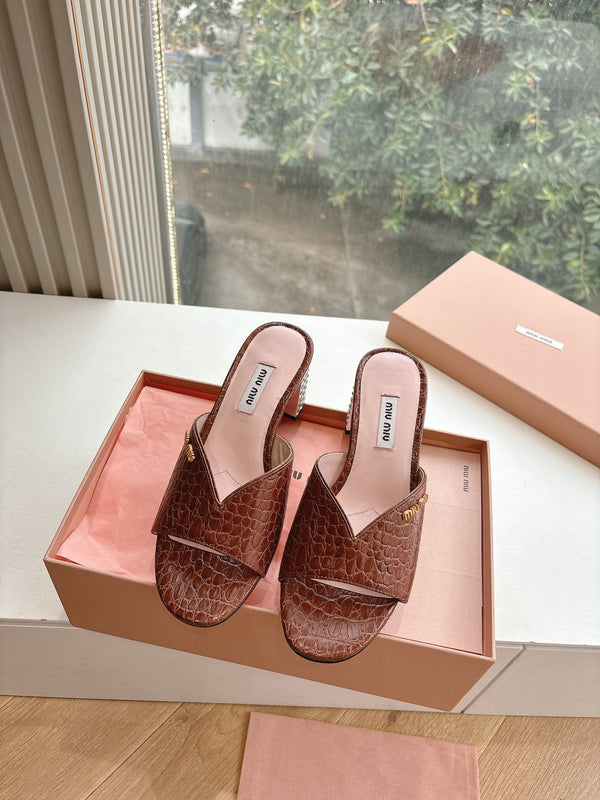 Miu Brown Croc Embossed Slide Sandals with Embellished Heel 223917