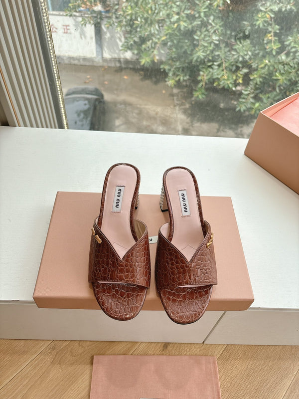 Miu Brown Croc Embossed Slide Sandals with Embellished Heel 223917