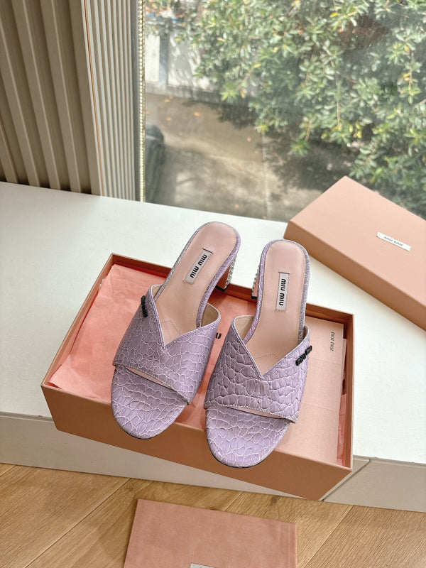 Miu Purple Croc Embossed Slide Sandals with Embellished Heel 223918