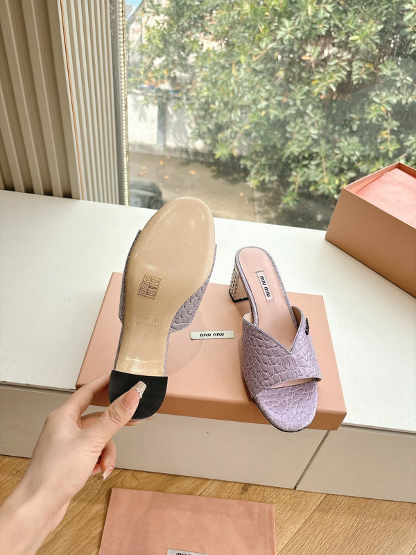 Miu Purple Croc Embossed Slide Sandals with Embellished Heel 223918