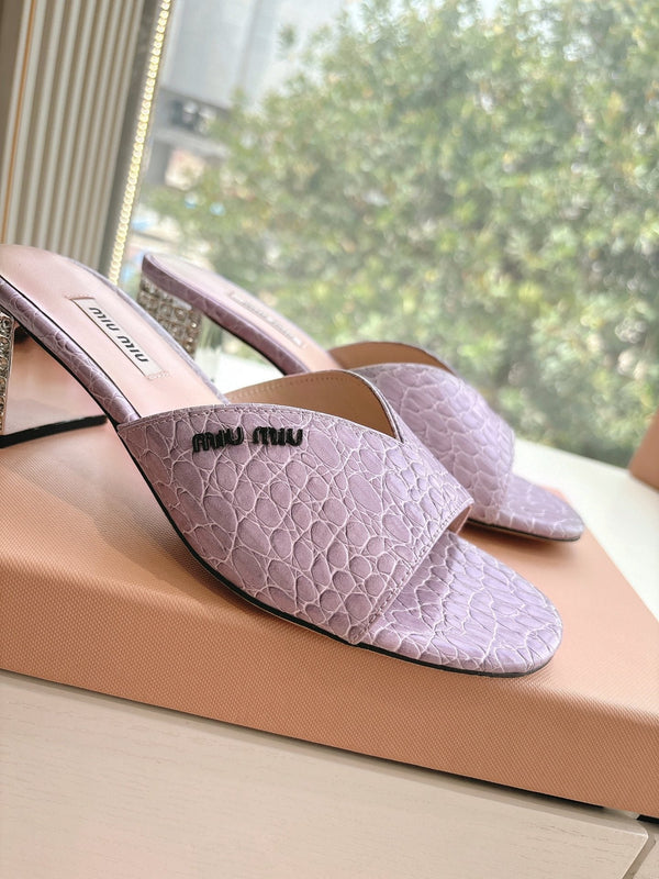 Miu Purple Croc Embossed Slide Sandals with Embellished Heel 223918