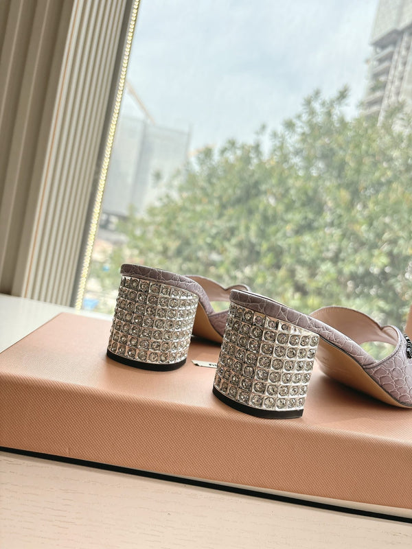 Miu Purple Croc Embossed Slide Sandals with Embellished Heel 223918