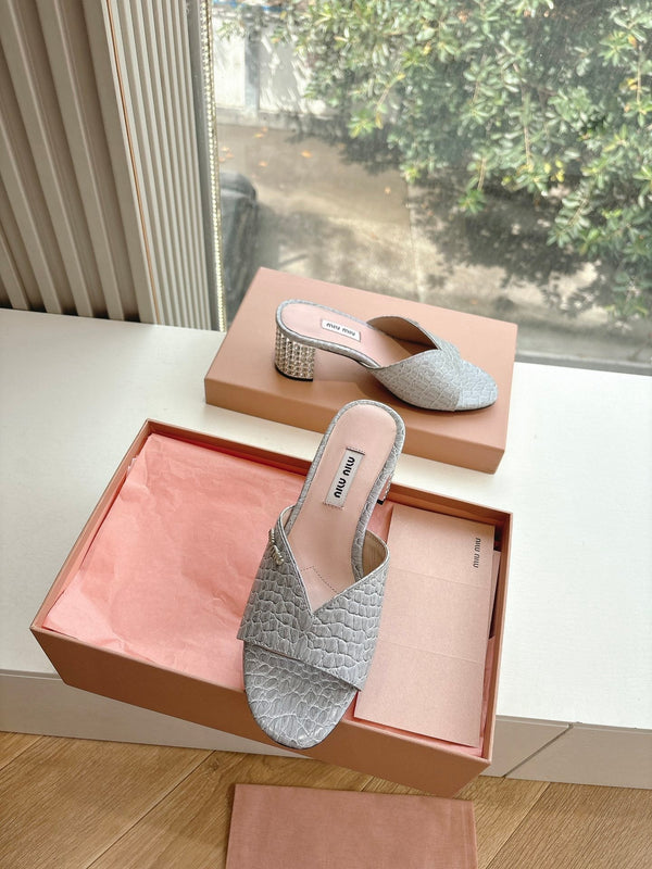 Miu Grey Croc Embossed Slide Sandals with Embellished Heel 223919