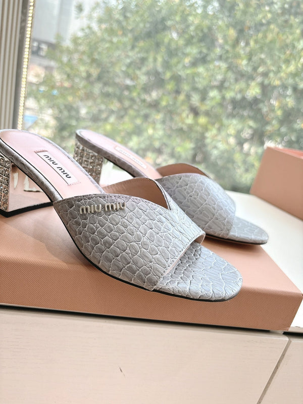 Miu Grey Croc Embossed Slide Sandals with Embellished Heel 223919