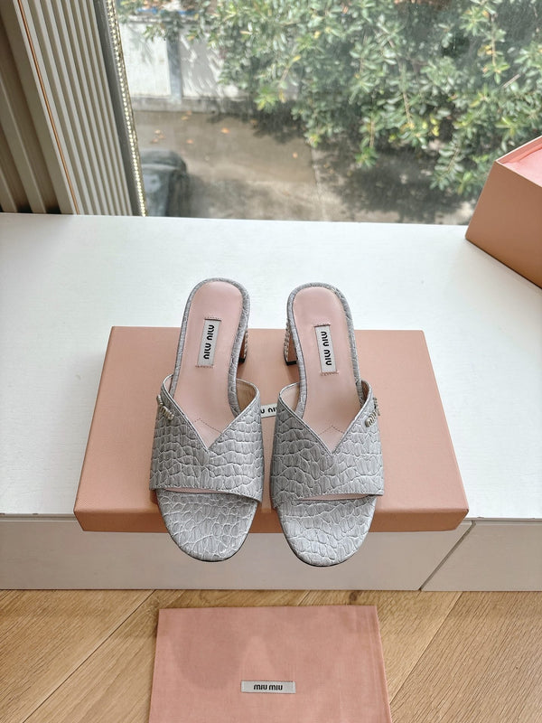 Miu Grey Croc Embossed Slide Sandals with Embellished Heel 223919