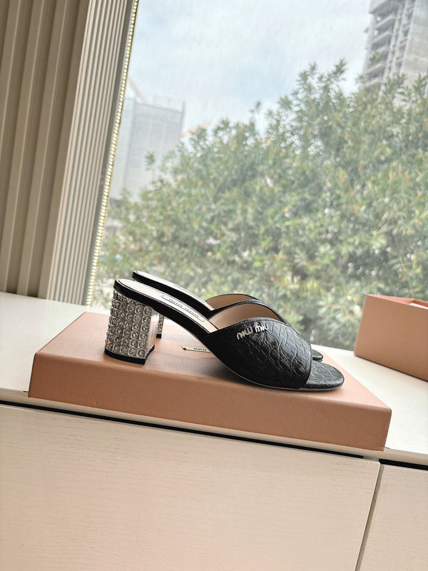 Miu Miu Black Croc Embossed Slide Sandals with Embellished Heel 223920