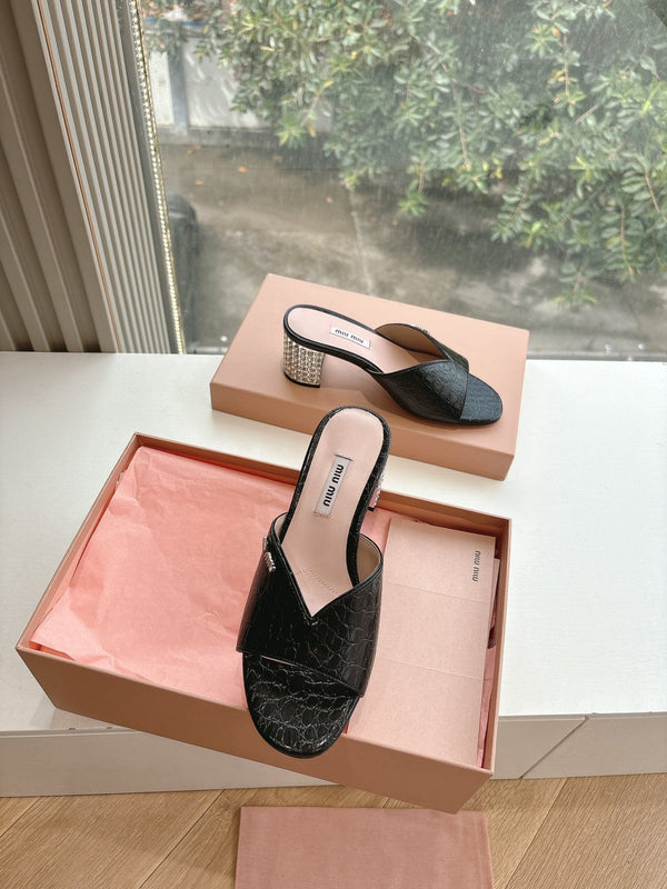Miu Miu Black Croc Embossed Slide Sandals with Embellished Heel 223920
