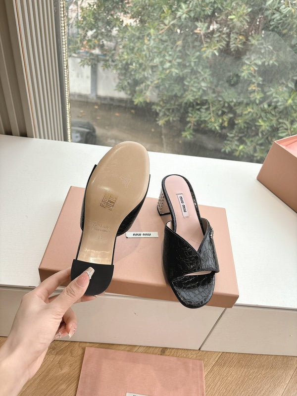 Miu Miu Black Croc Embossed Slide Sandals with Embellished Heel 223920