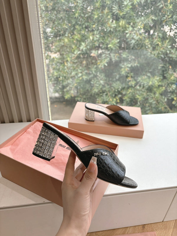 Miu Miu Black Croc Embossed Slide Sandals with Embellished Heel 223920