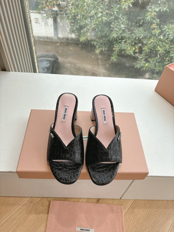 Miu Miu Black Croc Embossed Slide Sandals with Embellished Heel 223920