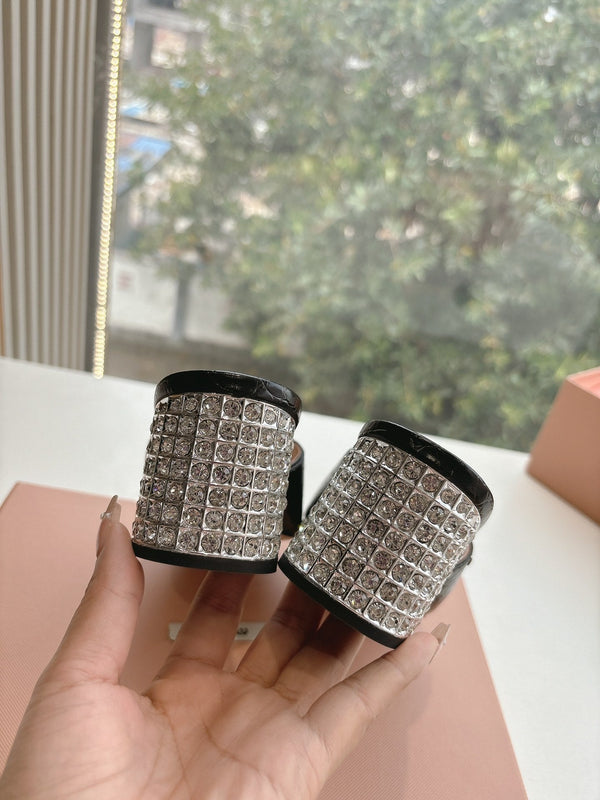 Miu Miu Black Croc Embossed Slide Sandals with Embellished Heel 223920