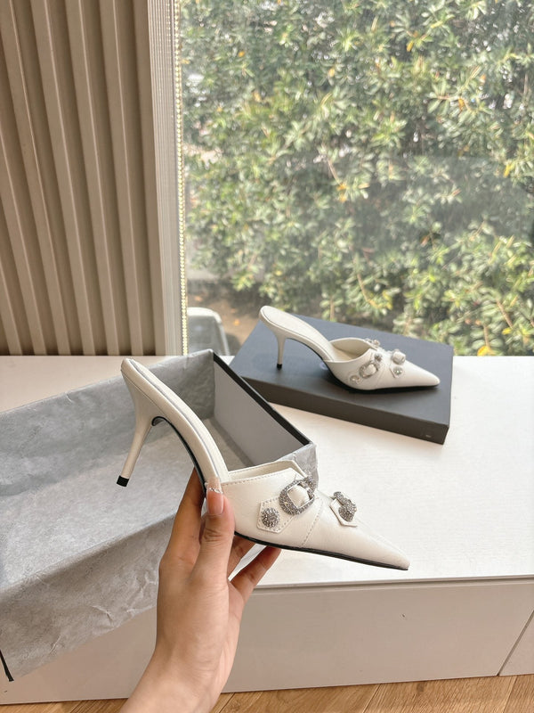 CRYSTAL BUCKLE WHITE CALFSKIN HEELED MULES