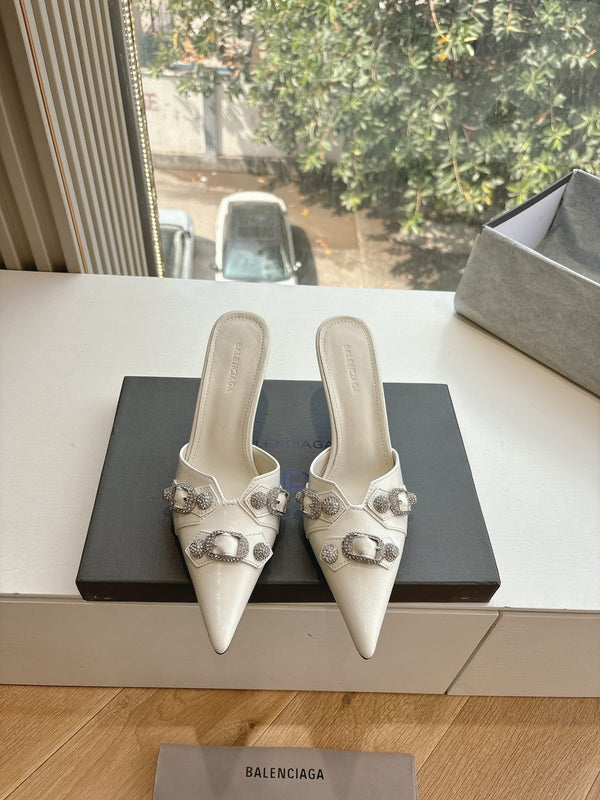 CRYSTAL BUCKLE WHITE CALFSKIN HEELED MULES