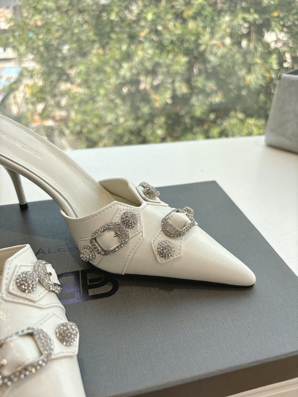 CRYSTAL BUCKLE WHITE CALFSKIN HEELED MULES