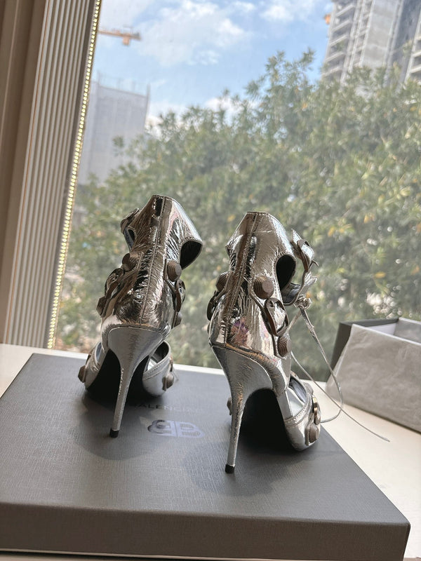 CAGOLE HIGH-HEEL SANDALS IN SILVER METALLIC LAMBSKIN