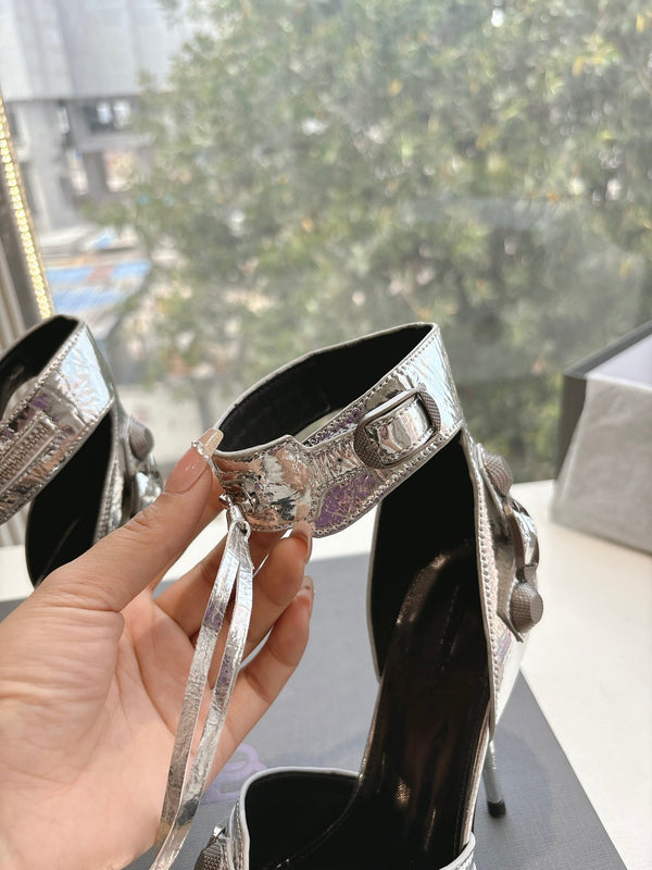 CAGOLE HIGH-HEEL SANDALS IN SILVER METALLIC LAMBSKIN