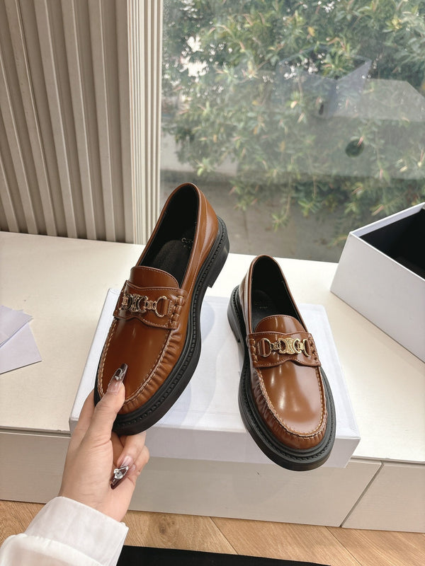 CELINE Buckle Triomphe Loafers Golden Leather 285955