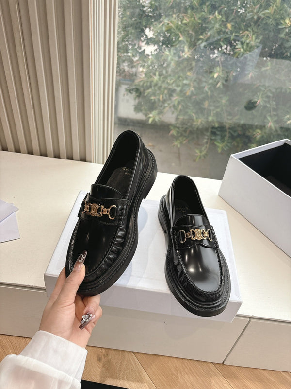 CELINE Buckle Triomphe Loafers Black Leather 285958