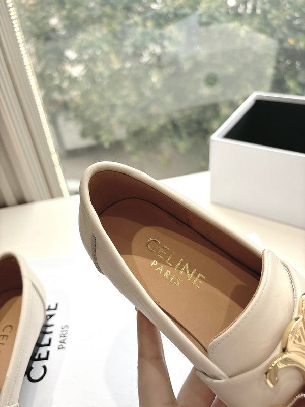 CELINE Buckle Triomphe Loafers White Leather 285957