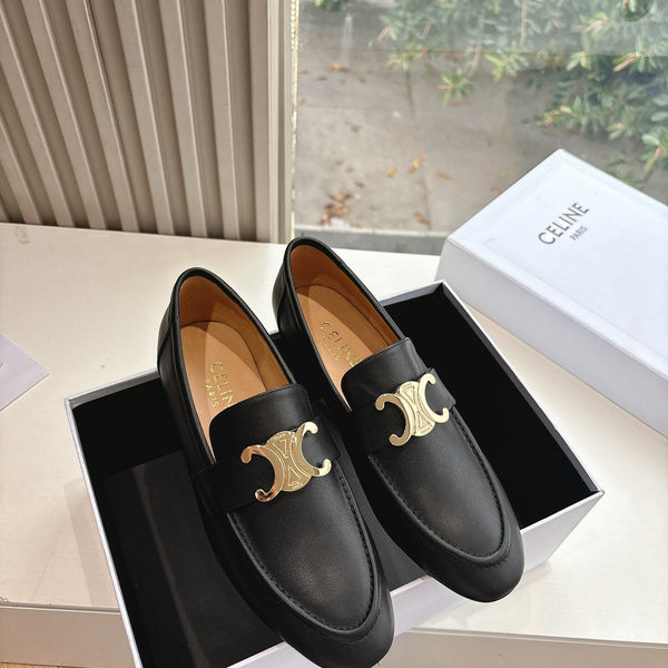 CELINE Buckle Triomphe Loafers Black Leather