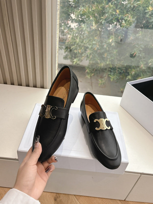 CELINE Buckle Triomphe Loafers Black Leather