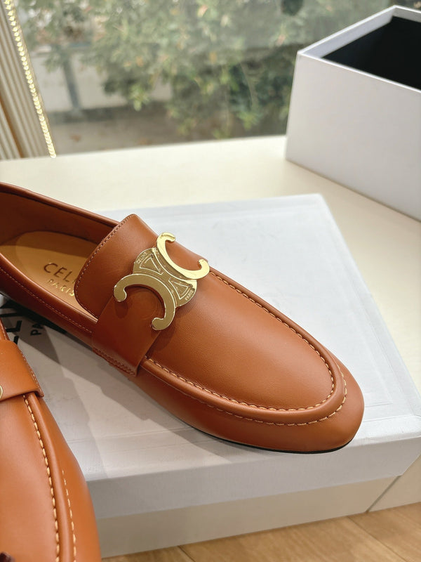 CELINE Buckle Triomphe Loafers Golden Leather